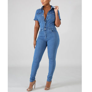 Light Wash Button Front Skinny Jumpsuit